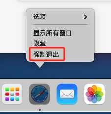 macbook从程序坞菜单栏中选中卡顿的软件，鼠标右键弹出选项卡点击强制退出。